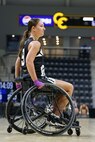 U.S. Army Retired Spc. Avery Short watches form the court during a wheelchair basketball game at the 2025 Department of Defense Warrior Games at Colorado Springs, Colorado, July 20, 2025.