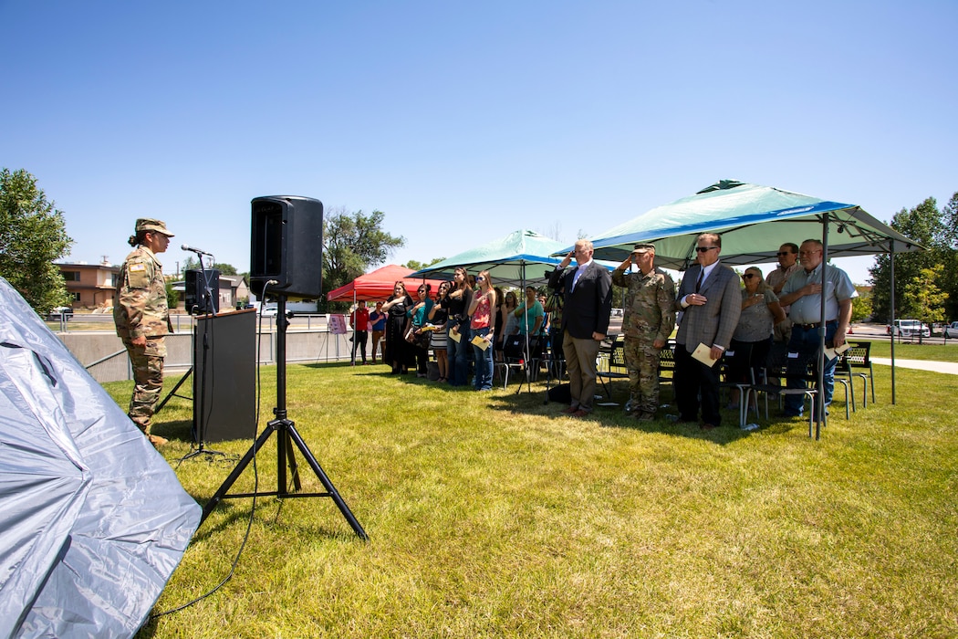 Sgt. Rebecca Bridger, Wyoming Army National Guard’s 67th Army Band, sings the national anthem to open a July 10, 2025, ceremony in Sheridan, Wyo., celebrating the completion of the first phase of the Little Goose Creek ecosystem restoration project.