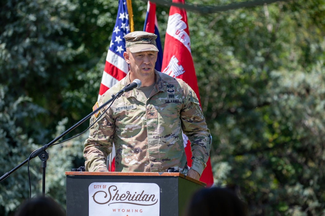 Col. Robert Newbauer, commander of the U.S. Army Corps of Engineers Omaha District, delivers remarks during a July 10, 2025, ceremony celebrating the completion of the first phase of the Little Goose Creek ecosystem restoration project in Sheridan, Wyo.