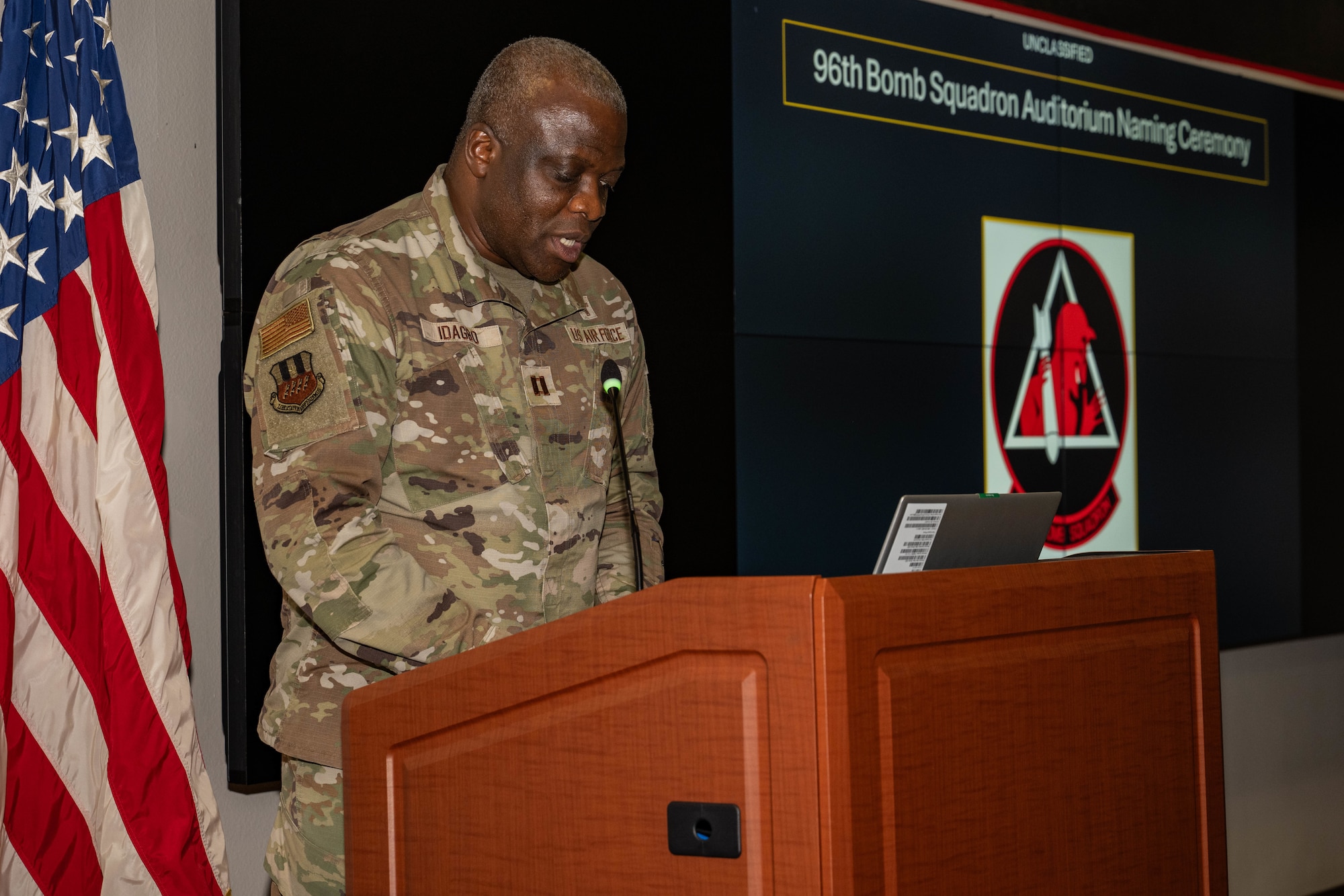 U.S. Air Force Capt. Osang Idagbo, 2nd Bomb Wing chaplain, delivers the invocation