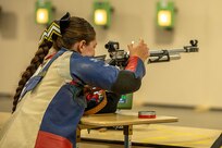 U.S. Army Sgt. Bianca Hayden takes aim at her target during the precision air event (air rifle) at the 2025 Department of Defense Warrior Games in Colorado Springs, Colorado, July 21, 2025.