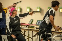 U.S. Army Master Sgt. Jodi Pyle-Vandersys zeroes in on her target during the precision air event (air pistol) at the 2025 Department of Defense Warrior Games in Colorado Springs, Colorado, July 21, 2025.