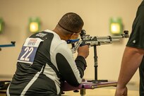 U.S. Army Retired Spc. Colby Maury-Rice stares down his target during the precision air event (air rifle) at the 2025 Department of Defense Warrior Games in Colorado Springs, Colorado, July 21, 2025.