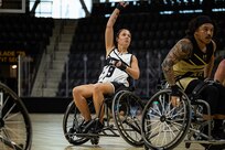 U.S. Army Retired Spc. Avery Short takes a shot during the wheelchair basketball gold medal game against Team SOCOM at the 2025 Department of Defense Warrior Games in Colorado Springs Colorado, July 20, 2025.
