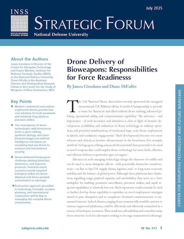 First page of Strategic Forum 313 by James Giordano and Diane DiEuliis. A blurb about the authors is to the top left of the page, and below that are four bullet points with main points of the text. The majority of the page is the first two paragraphs of the policy brief.