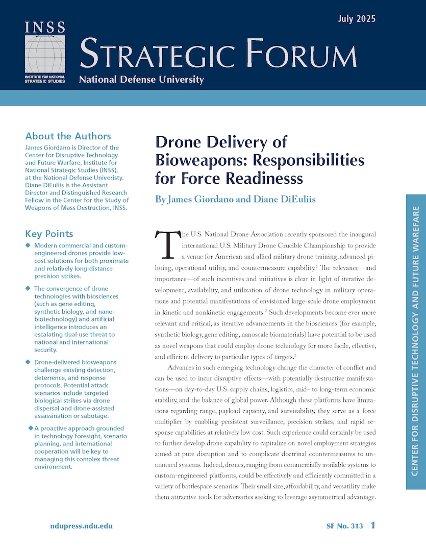 First page of Strategic Forum 313 by James Giordano and Diane DiEuliis. A blurb about the authors is to the top left of the page, and below that are four bullet points with main points of the text. The majority of the page is the first two paragraphs of the policy brief.
