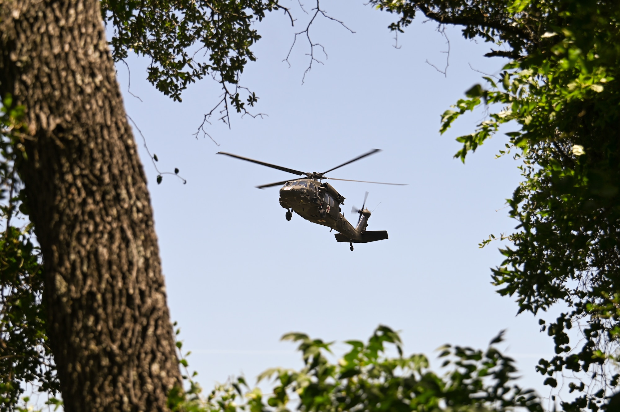 Texas Army National Guard UH-60 aircrew from the Charlie Company, 2nd General Support Aviation Battalion, 36th Combat Aviation Brigade, conducted medical evacuation simulations with U.S. Air Force personnel during OPERATION DUSTOFF VIGILANCE ’25 at Joint Base San Antonio-Camp Bullis, Texas, July 16, 2025.
