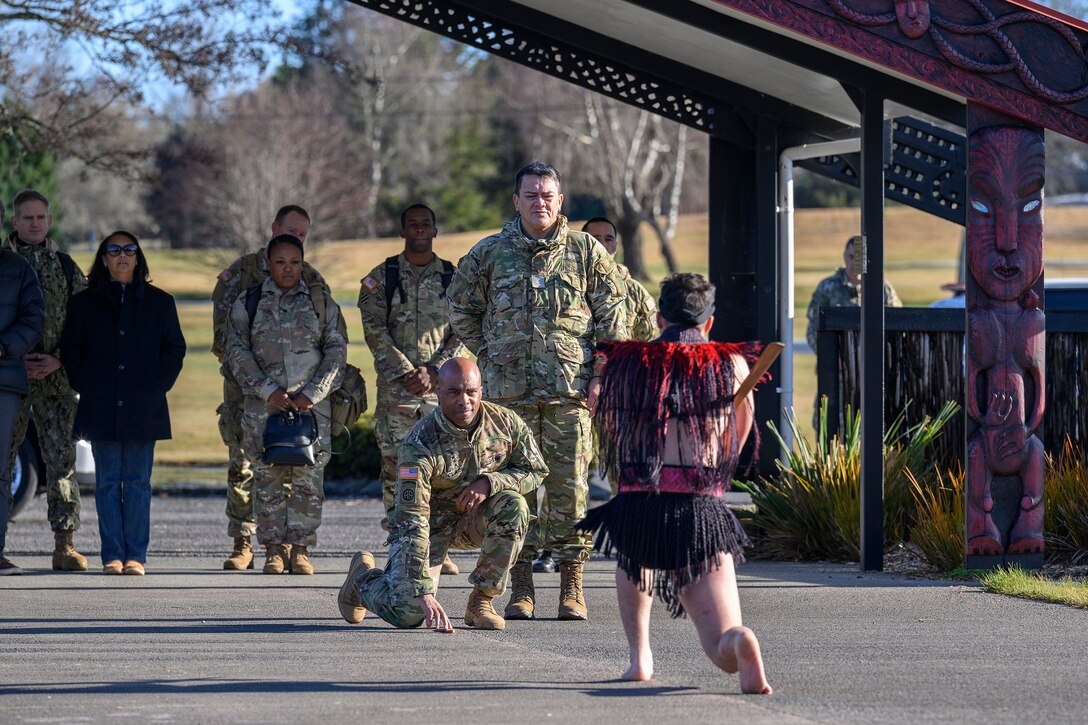 General Ronald Clark, Commanding General U.S. Army Pacific receives the challenge from a warrior of Ngāti Tūmatauenga, the New Zealand Army.