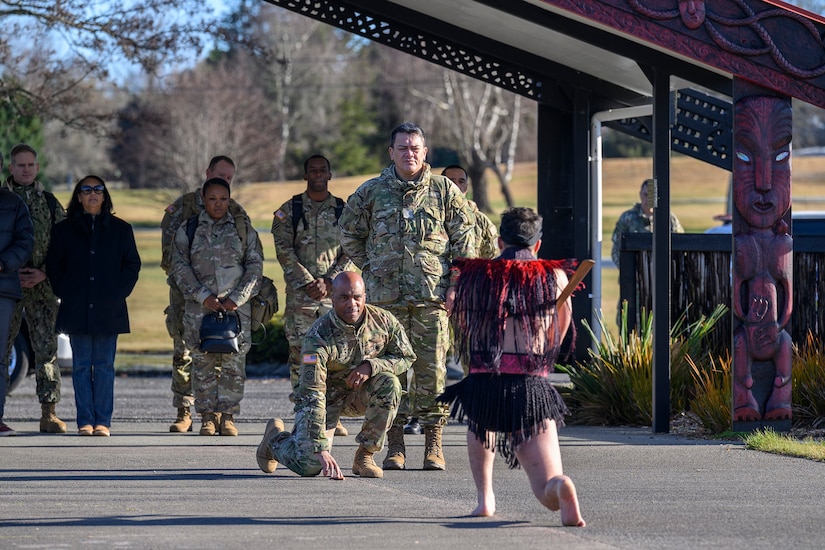 General Ronald Clark, Commanding General U.S. Army Pacific receives the challenge from a warrior of Ngāti Tūmatauenga, the New Zealand Army.