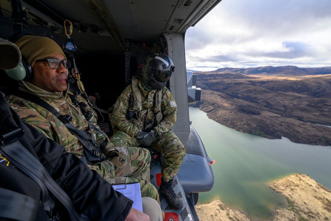General Clark, Commanding General U.S. Army Pacific on board a Royal New Zealand Air Force NH90 helicopter on an overflight of the Waiouru Military Training Area.