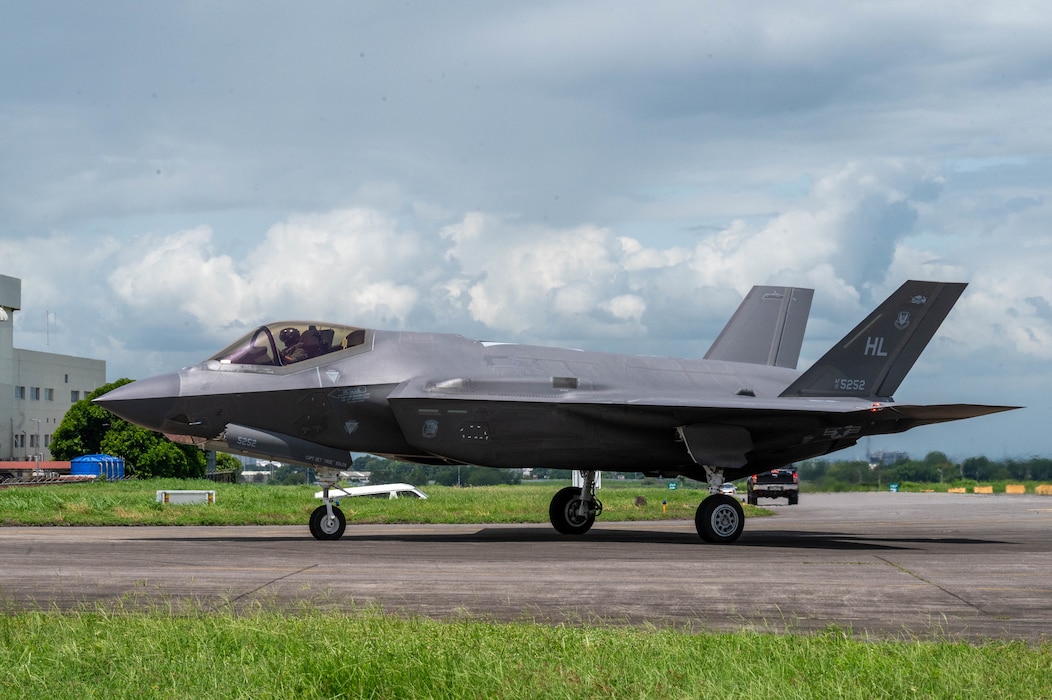 A U.S. Air Force F-35A Lightning II taxis to the runway for a bilateral training flight during Cope Thunder 25-2 at Clark Air Base, Philippines, July 7, 2025.
