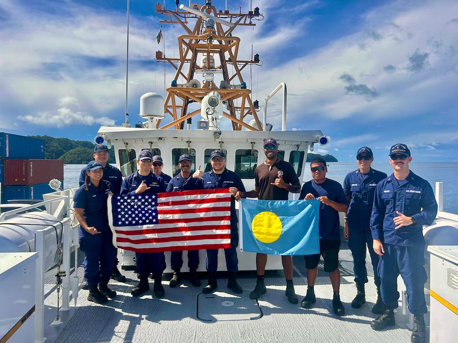 The USCGC Myrtle Hazard (WPC 1139) crew stand for a photo with Palauan maritime officers from the Division of Marine Law off the coast of the Republic of Palau on June 27, 2025.