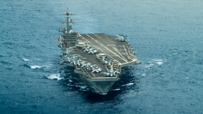 SOUTH CHINA SEA (July 18, 2025) The Nimitz-class aircraft carrier USS Carl Vinson (CVN 70) conducts routine operations in the South China Sea, July 18, 2025. The Carl Vinson, the flagship of Carrier Strike Group 1, is underway conducting routine operations in the U.S. 7th Fleet are of operations. (U.S. Navy photo by Mass Communications Specialist Seaman Apprentice Matthew Green)