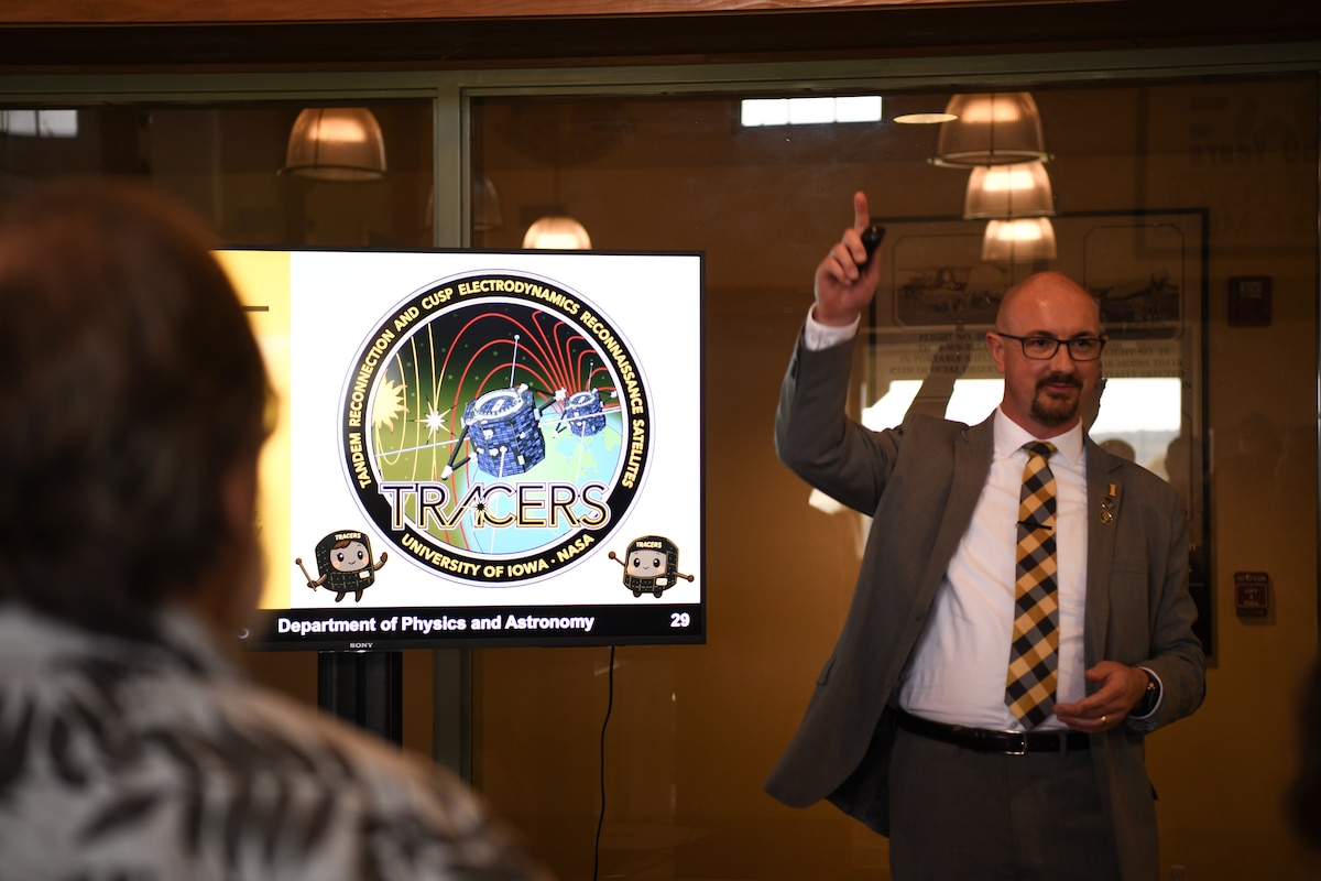Dr. David Miles, Tandem Reconnection and Cusp Electrodynamics Reconnaissance Satellites (TRACERS) principal investigator and University of Iowa astrophysicist, conducts a mission brief at the Vandenberg Space Force Base Space and Missile Technology Center, Calif., July 21, 2025