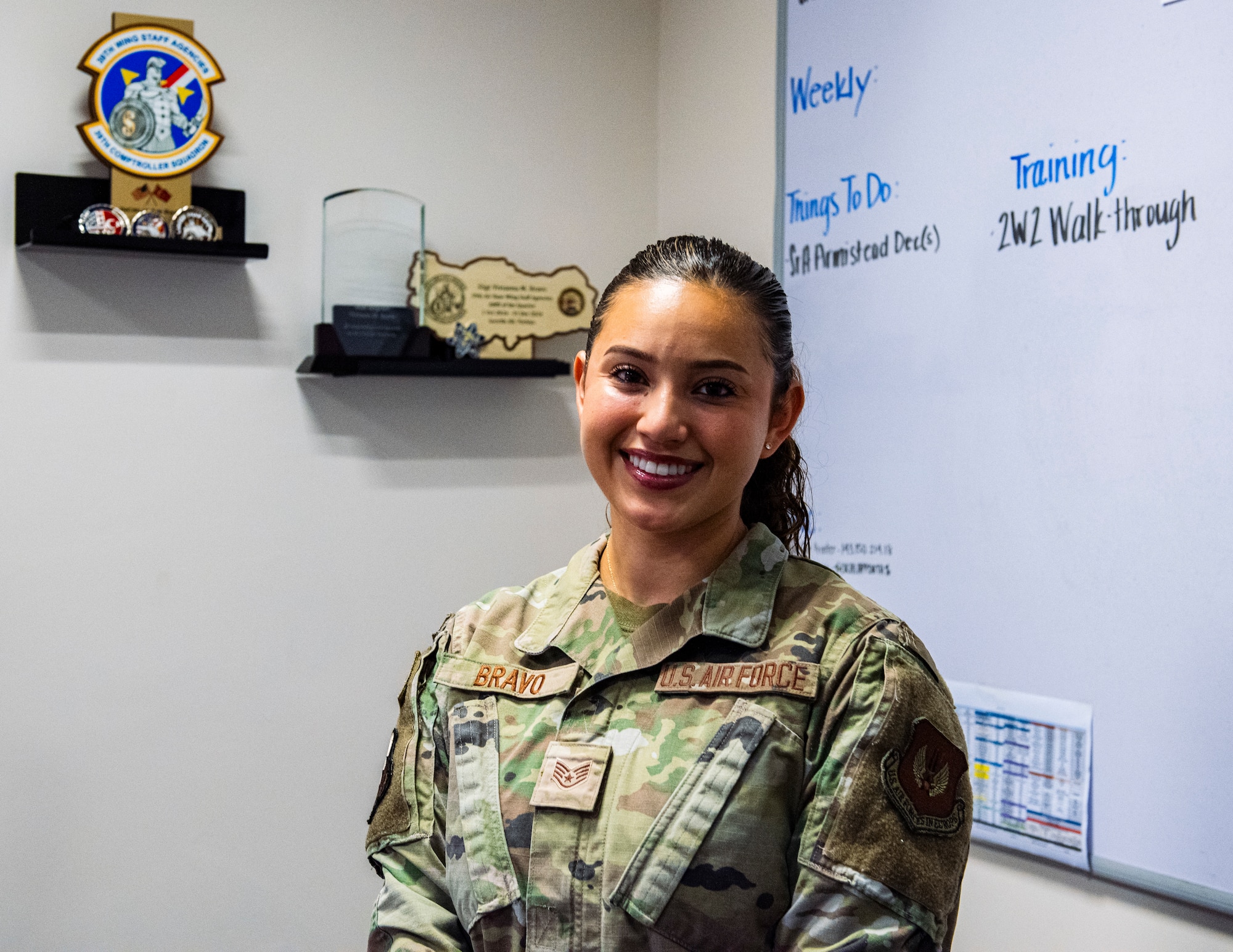 U.S. Air Force Staff Sgt. Vivianna Bravo, 39th Air Base Wing Command Post noncommissioned officer in charge of NC2 operations training, poses for a photo at Incirlik Air Base, Türkiye, July 18, 2025.