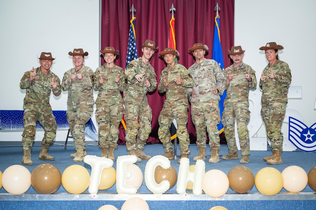 Six members of the 380th Expeditionary Wing pose for a photo as they celebrate their selection to the rank of Technical Sergeant!