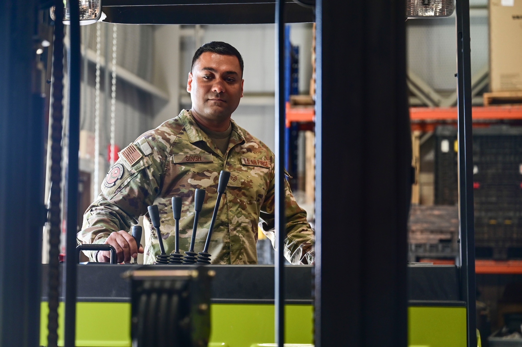 Staff Sgt. Mandeep Singh, 8th Healthcare Operations Squadron logistics operations section chief, drives a forklift in the 8th Medical Group’s logistics warehouse at Kunsan Air Base, Republic of Korea, July 23, 2025. Singh was awarded the 8th Fighter Wing’s Pride of the Pack for the week of July 21-25.