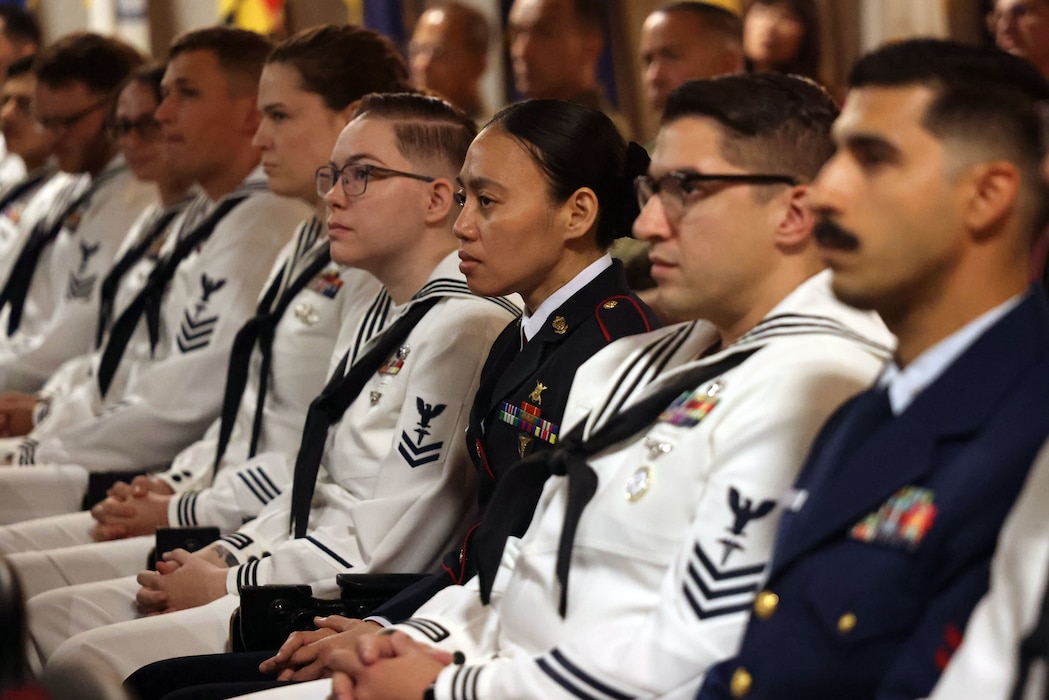 Philippine Marine Staff Sgt. Geraldine Corbita, surrounded by her classmates, listens to a guest speaker discuss the responsibilities of an Independent Duty Corpsman during their graduation ceremony at the Surface Warfare Medical Institute (SWMI) in San Diego on July 11, 2025.  Corbita, a Zamboanga, Philippines native, is the first Philippine Navy Marine corpsman to graduate from the U.S. Navy IDC School, a milestone signaling a strengthened alliance between the U.S. and the Armed Forces of the Philippines (AFP). (U.S. Navy photo by Arsenio R. Cortez Jr.)