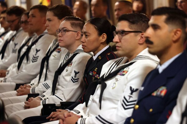 Philippine Marine Staff Sgt. Geraldine Corbita, surrounded by her classmates, listens to a guest speaker discuss the responsibilities of an Independent Duty Corpsman during their graduation ceremony at the Surface Warfare Medical Institute (SWMI) in San Diego on July 11, 2025.  Corbita, a Zamboanga, Philippines native, is the first Philippine Navy Marine corpsman to graduate from the U.S. Navy IDC School, a milestone signaling a strengthened alliance between the U.S. and the Armed Forces of the Philippines (AFP). (U.S. Navy photo by Arsenio R. Cortez Jr.)