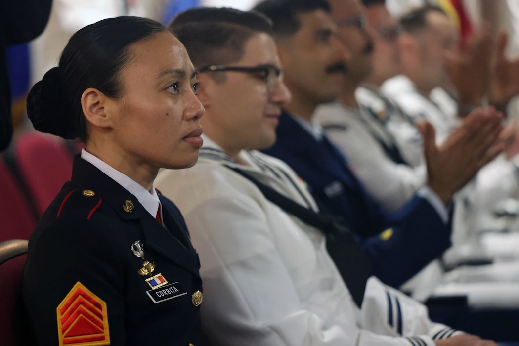 Philippine Marine Staff Sgt. Geraldine Corbita of Zamboanga, Philippines, listens as a guest speaker discusses the critical role of Independent Duty Corpsmen (IDC) as sole medical providers in remote environments during the IDC Class 24025 graduation at the Surface Warfare Medical Institute (SWMI) in San Diego on July 11, 2025. Corbita is the first Philippine Navy Marine corpsman to graduate from the U.S. Navy IDC School, a milestone signaling a strengthened alliance between the U.S. and the Armed Forces of the Philippines (AFP). (U.S. Navy photo by Arsenio R. Cortez Jr.)