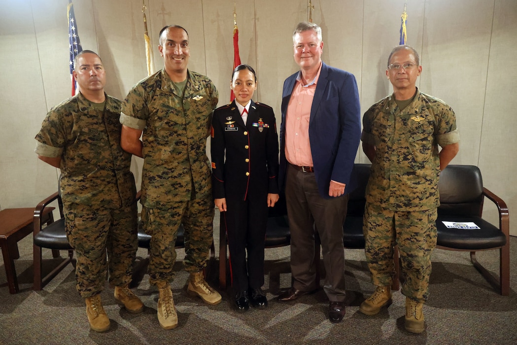Philippine Marine Staff Sgt. Geraldine Corbita (center) poses with key leaders from I Marine Expeditionary Force and the Defense Health Network Pacific-Rim, including Master Chief Hospital Corpsman Michael Tabora (left), Capt. Brett Chamberlin (second to left), Cmdr. Rudy Medina (right), and Dr. John Rotruck, following her graduation from the U.S. Navy Independent Duty Corpsman School at the Surface Warfare Medical Institute (SWMI) in San Diego on July 11, 2025. Corbita, of Zamboanga Philippines, is the first Philippine Navy Marine corpsman to earn the qualification, a milestone signaling a strengthened alliance between the U.S. and the Armed Forces of the Philippines (AFP). (U.S. Navy photo by Arsenio R. Cortez Jr.)