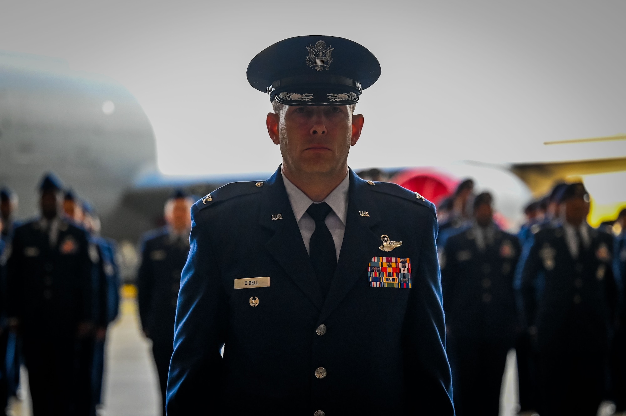 U.S. Air Force Col. Jonathan O’Dell, 100th Air Refueling Wing deputy commander, leads the wing formation during the 100th ARW change of command ceremony at Royal Air Force Mildenhall, England, July 22, 2025.