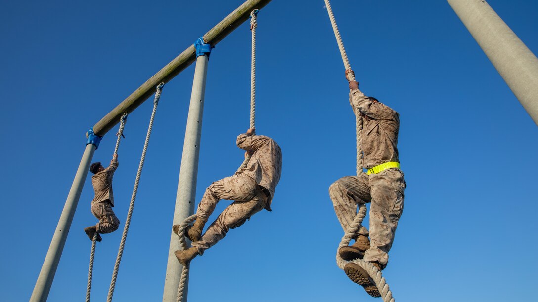 U.S. Marines with 3rd Marine Logistics Group and 4th MLG climb ropes during an obstacle course on Camp Kinser, Okinawa, Japan, July 17, 2025. The course is designed to challenge functional fitness and combat readiness. (U.S. Marine Corps photo by Cpl. Eric Allen)