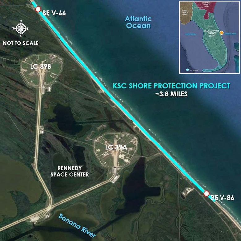 Figure 1: Project location (light blue) in relation to critical NASA infrastructure within the KSC in Brevard County, Florida.
