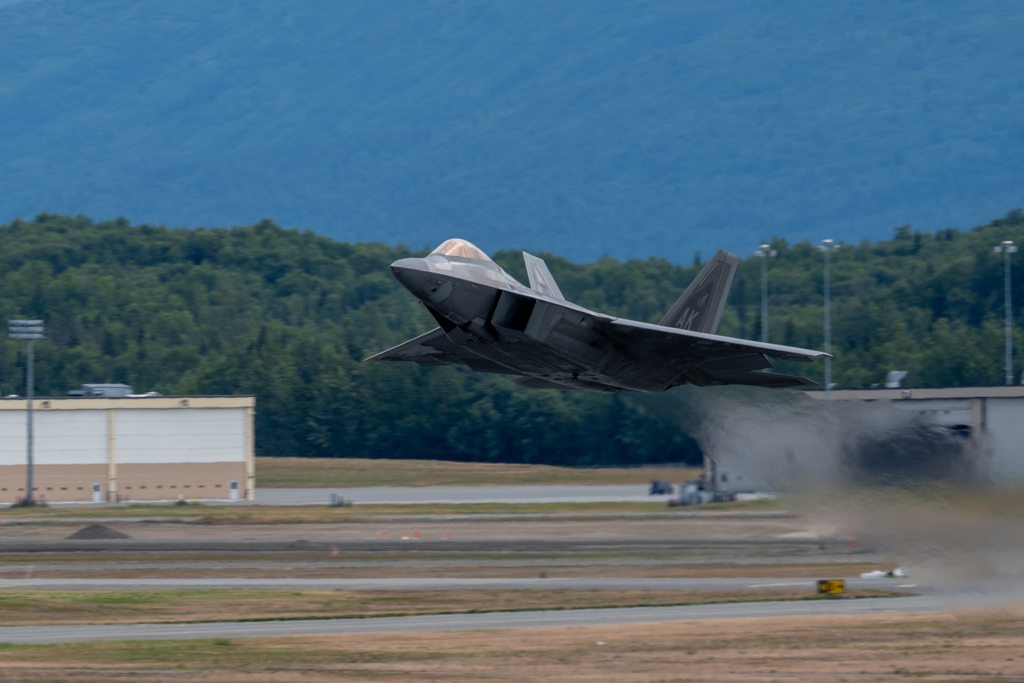 A U.S. Air Force F-22 Raptor assigned to the 90th Fighter Generation Squadron takes flight to support exercise Resolute Force Pacific 2025 at Joint Base Elmendorf-Richardson, Alaska, July 13, 2025.
