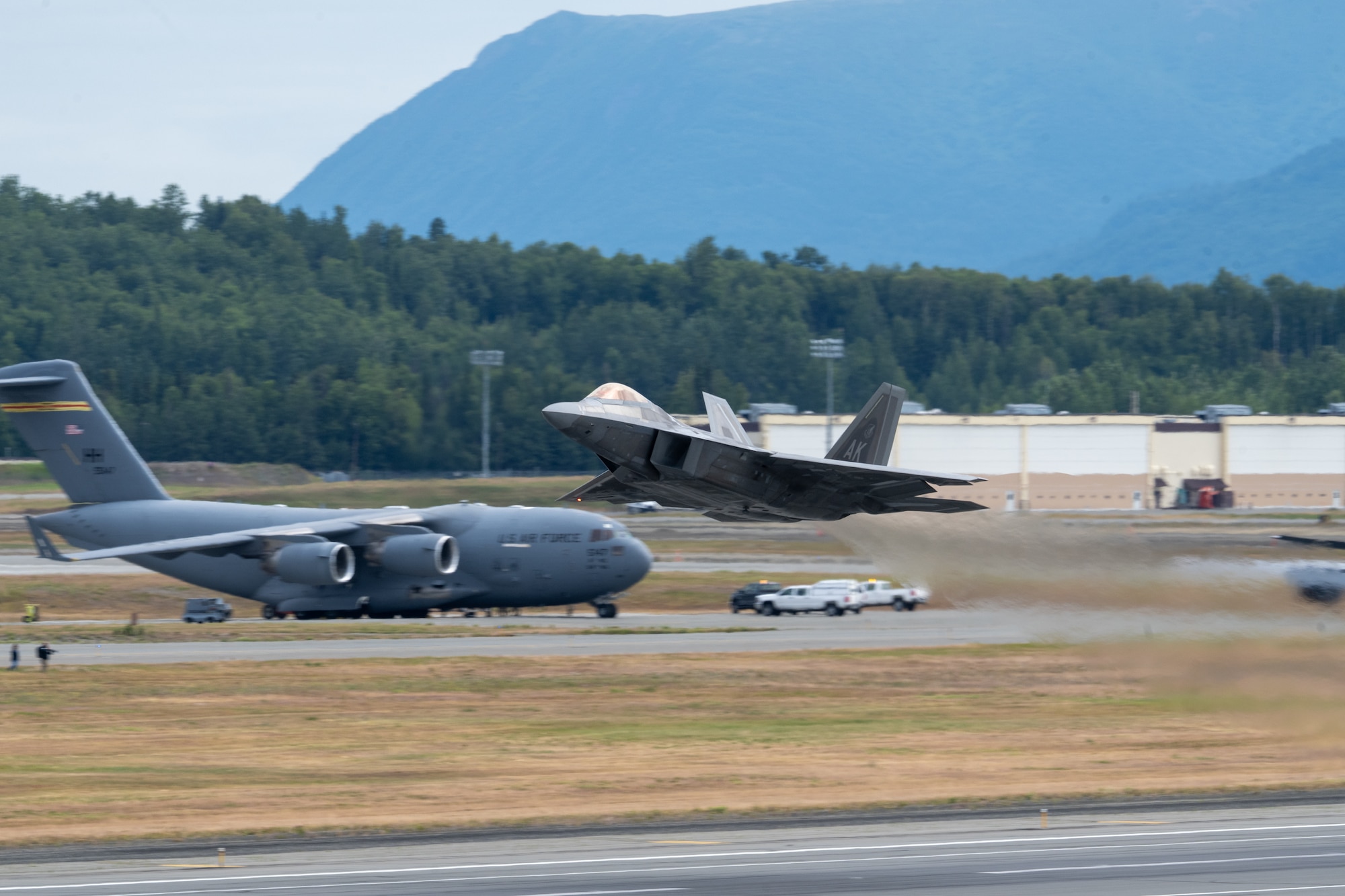 A U.S. Air Force F-22 Raptor assigned to the 90th Fighter Generation Squadron takes flight to support exercise Resolute Force Pacific 2025 at Joint Base Elmendorf-Richardson, Alaska, July 13, 2025.
