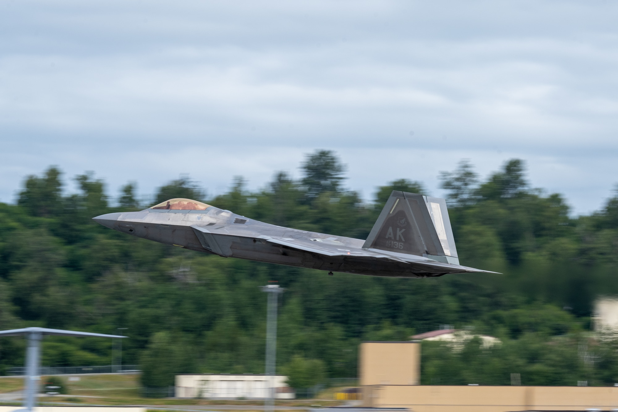A U.S. Air Force F-22 Raptor assigned to the 90th Fighter Generation Squadron takes flight to support exercise Resolute Force Pacific 2025 at Joint Base Elmendorf-Richardson, Alaska, July 13, 2025.