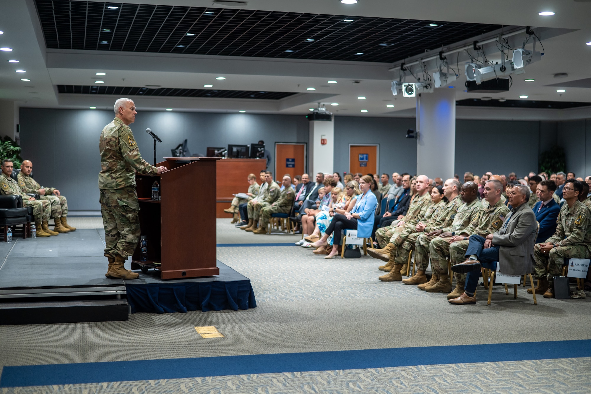 Lt. Gen. Philip A. Garrant, SSC commander speaks to SSC Guardians during the activation ceremony of System Deltas 84 & 810 at Space Systems Command’s headquarters at Los Angeles Air Force Base, Jul. 10, 2025. [U.S. Space Force Photo by: Van Ha]