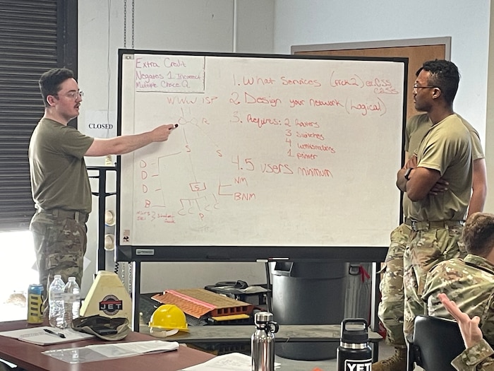 an airman points to a diagram on a white board while other airmen look on