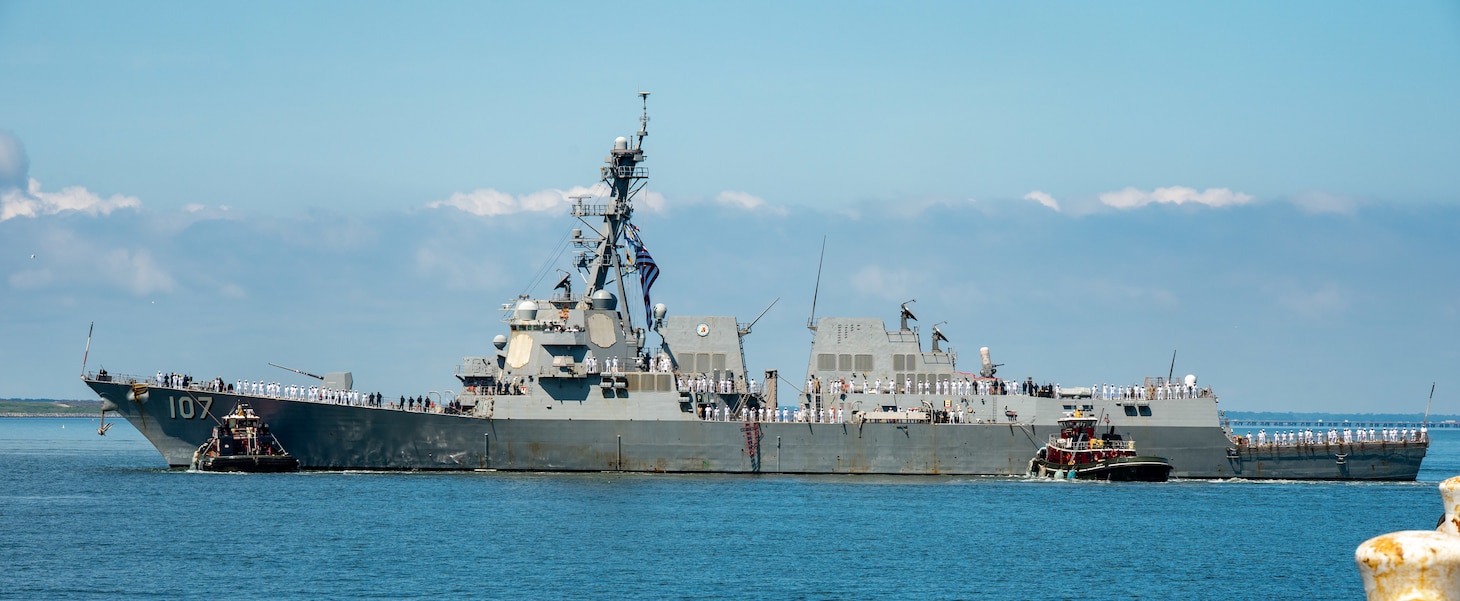 The Arleigh Burke-class guided-missile destroyer USS Gravely (DDG 107) returns to Naval Station Norfolk, June 9, following a three-month deployment to U.S. Northern Command’s area of responsibility. Gravely deployed under USNORTHCOM’s maritime homeland defense authorities with a U.S. Coast Guard Law Enforcement Detachment (LEDET) embarked to enable maritime interdiction missions to prevent the flow of illegal drugs, illegal migration and other illegal activity. USNORTHCOM is working together with the Department of Homeland Security to provide additional military forces and capabilities to secure the southern border. (U.S. Navy Photo by Mass Communication Specialist 2nd Class Derek Cole)