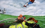 A Coast Guard Air Station Clearwater aircrew rescues a man and his dog, after the man’s vessel became disabled off Sanibel Island on Florida’s West Coast. The Aviation Survival Technician, his hand reaching in aid, helped the individual with the hoist before he and his dog were brought to a nearby airport to receive medical attention. US Coast Guard Art Program 2025 Collection, Object Id # 202531, "Daring rescue," Leendert van der Pool, oil. 18 x 24 inches