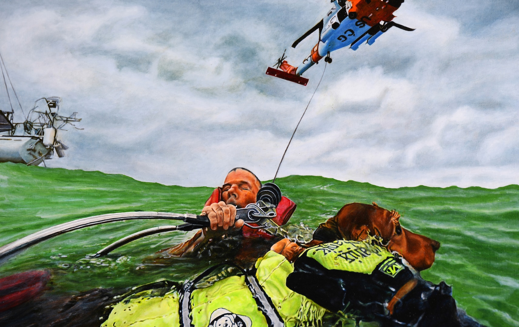 A Coast Guard Air Station Clearwater aircrew rescues a man and his dog, after the man’s vessel became disabled off Sanibel Island on Florida’s West Coast. The Aviation Survival Technician, his hand reaching in aid, helped the individual with the hoist before he and his dog were brought to a nearby airport to receive medical attention. US Coast Guard Art Program 2025 Collection, Object Id # 202531, "Daring rescue," Leendert van der Pool, oil. 18 x 24 inches