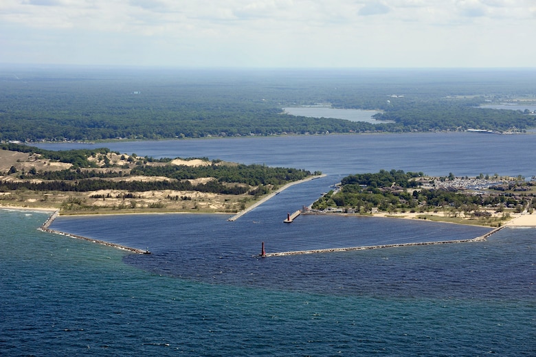 The U.S. Army Corps of Engineers, Detroit District is beginning $5.765 million in long-term improvements to the Muskegon Harbor North Revetment in July to improve the safety and stability of the popular walkway. The North Revetment is seen in this aerial survey from 2009. (Photo by U.S. Army Corps of Engineers.)