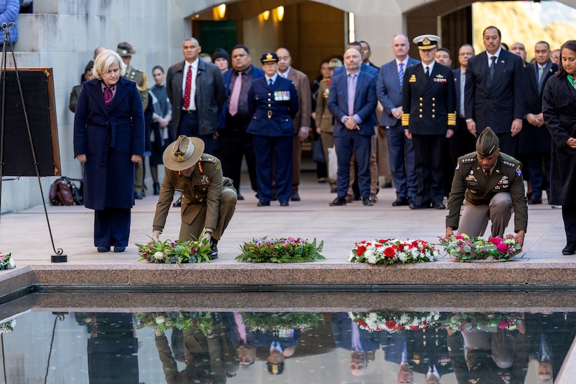 Australia's Chief of Army Lieutenant General Simon Stuart AO, DSC, and the Commander of the United States Army Pacific, General Ronald P. Clark, GEN, lay a wreath at the Last Post Ceremony, Australian War Memorial, Canberra.