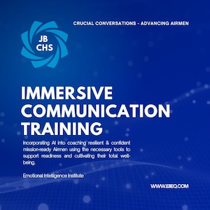 A blue graphic with the bold letters saying Immersive communication training at Joint Base Charleston.