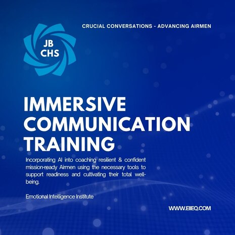 A blue graphic with the bold letters saying Immersive communication training at Joint Base Charleston.
