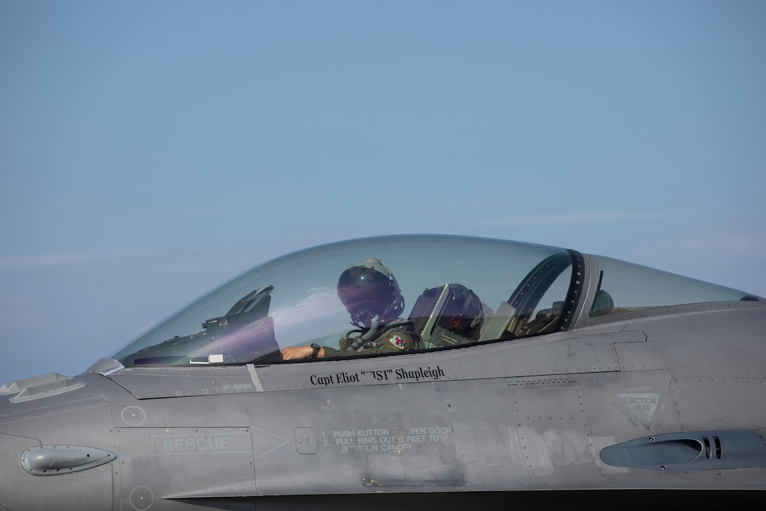 U.S. Airforce 1st Lt. Ian McClaugherty, a pilot with 177th Fighter Wing, Atlantic City Air National Guard, New Jersey, simulates take off procedures during exercise Resolute Force Pacific (REFORPAC) 2025 at Marine Corps Air Station Iwakuni, Japan, July 15, 2025. REFORPAC is designed to deliver Air Force capabilities to the Indo-Pacific region at speed and scale, then demonstrate the ability to command and control agile combat employment operations across more than six time zones.