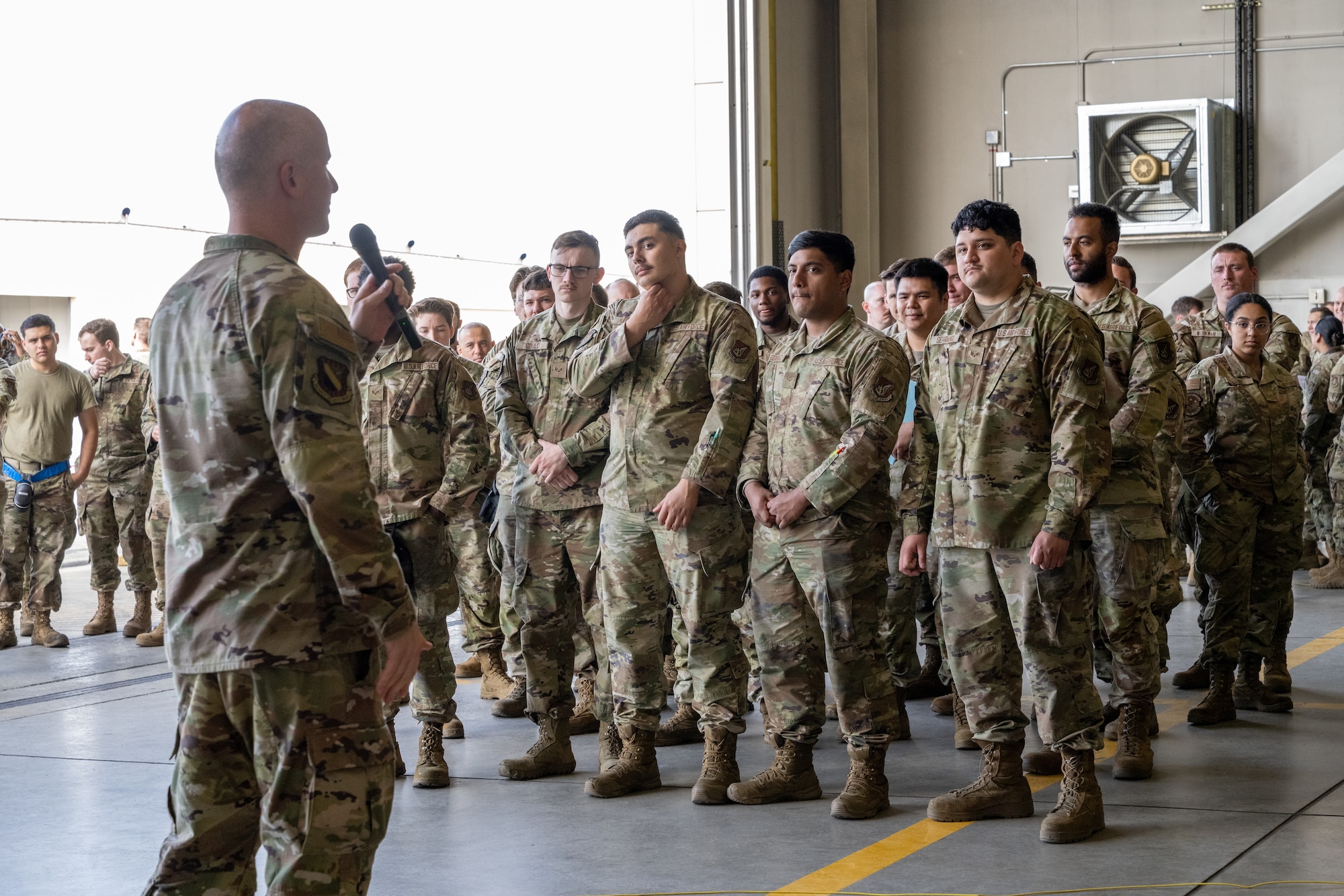 U.S. Air Force Chief Master Sgt. Jeremiah Madden, 703rd Aircraft Maintenance Squadron senior enlisted leader, gives closing remarks during the second quarter mission generation competition at Joint Base Elmendorf-Richardson, Alaska, July 18, 2025.