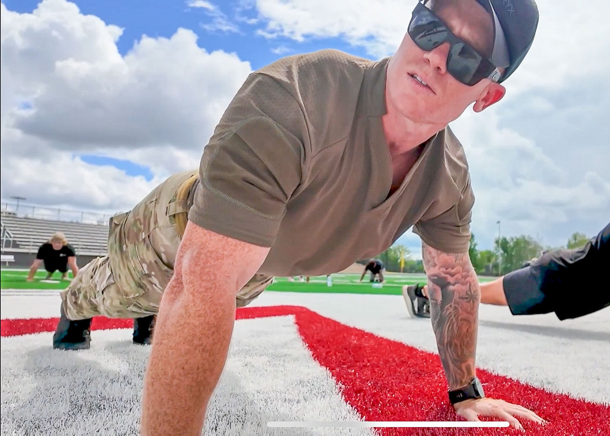 U.S. Air Force Staff Sgt. Andrew Hestley, 330th Recruiting Squadron special warfare scout, performs a push-up during an Athletic Leadership Boot camp at 17 Springs Complex, Millbrook, Alabama, July 18, 2025.
