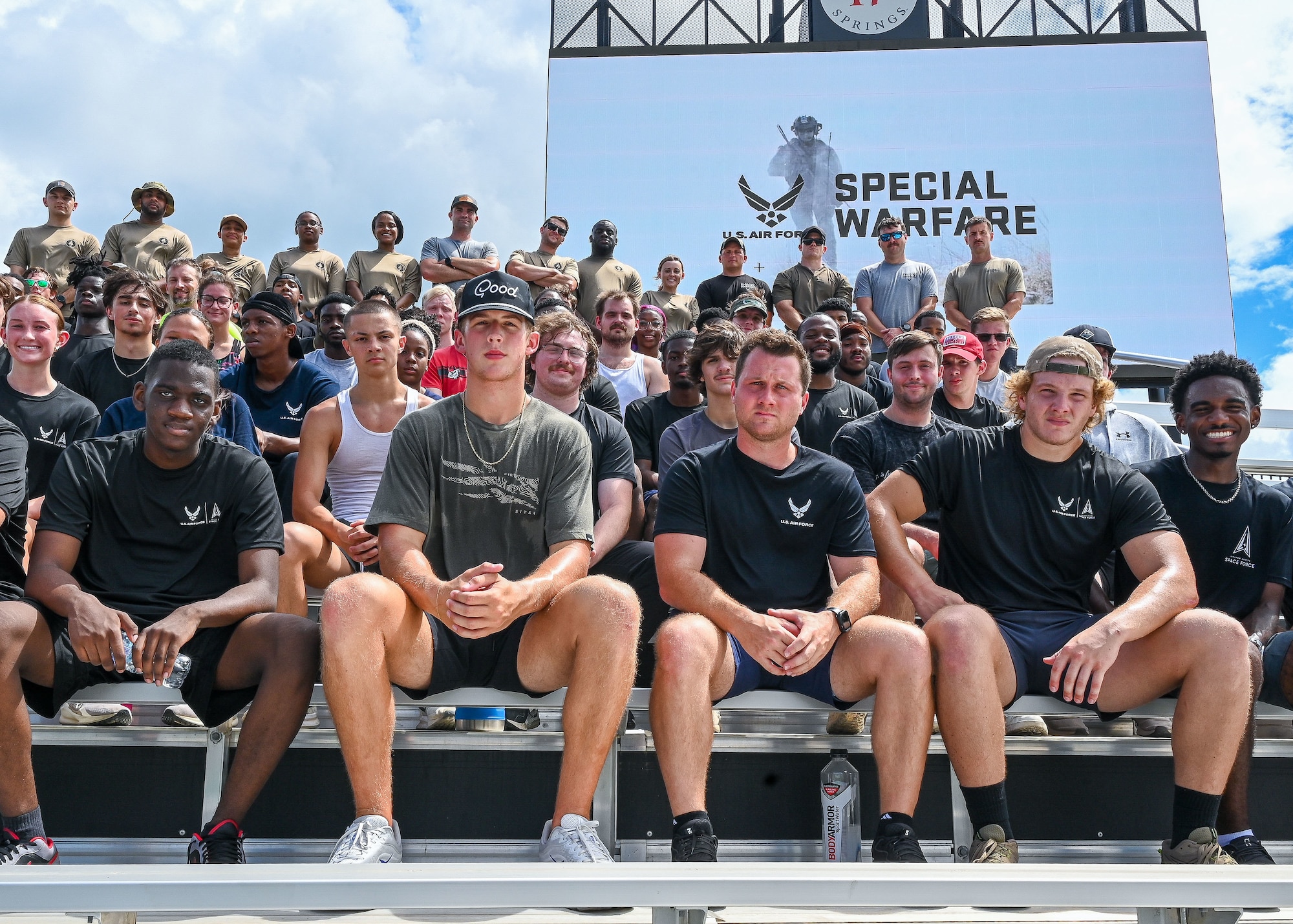Delayed entry participants posed for a photo with the 330th and 331st Recruiting Squadrons at 17 Springs Complex, Millbrook, Alabama, July 18, 2025.
