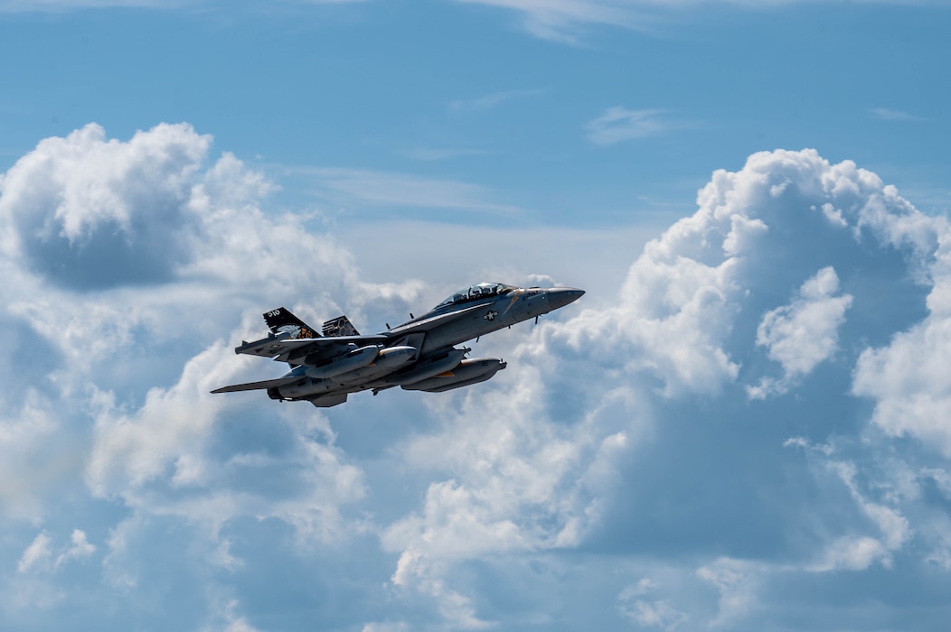 A U.S. Navy EA-18G Growler assigned to the Electronic Attack Squadron (VAQ) 138 takes flight during Red Flag-Alaska 25-3 at Eielson Air Force Base, Alaska, July 19, 2025.