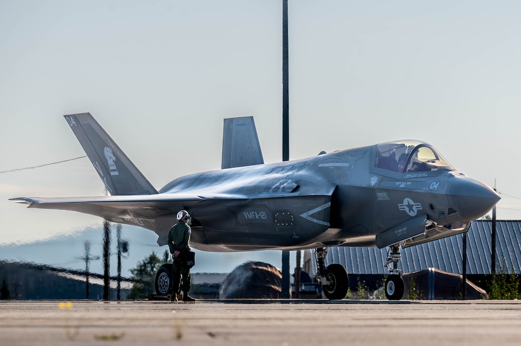 A U.S. Marine Corps F-35B Lightning II assigned to Marine Fighter Attack Squadron (VMFA) 121 prepares to taxi during Red Flag-Alaska 25-3 at Eielson Air Force Base, Alaska, July 19, 2025.