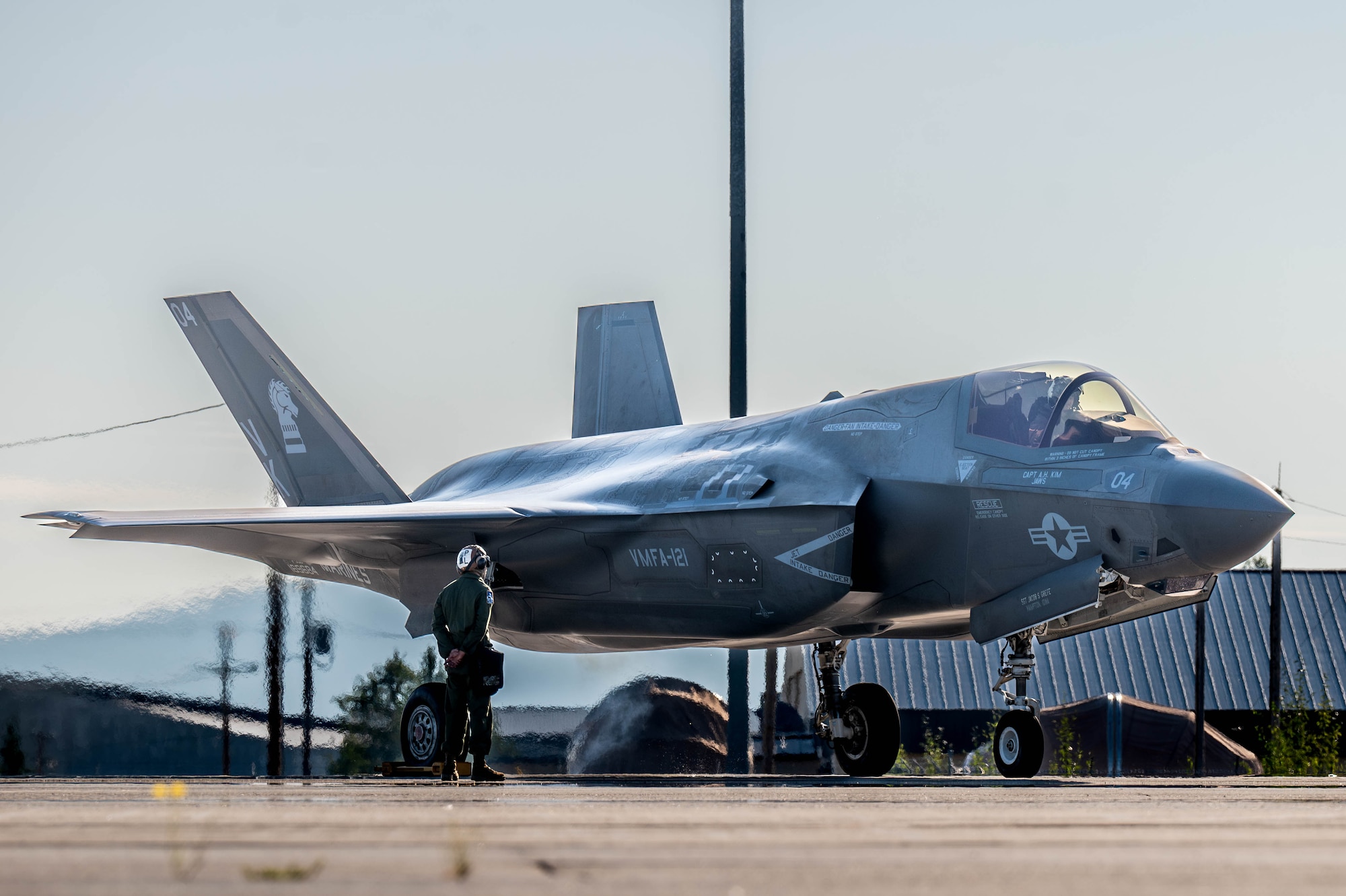 A U.S. Marine Corps F-35B Lightning II assigned to Marine Fighter Attack Squadron (VMFA) 121 prepares to taxi during Red Flag-Alaska 25-3 at Eielson Air Force Base, Alaska, July 19, 2025.