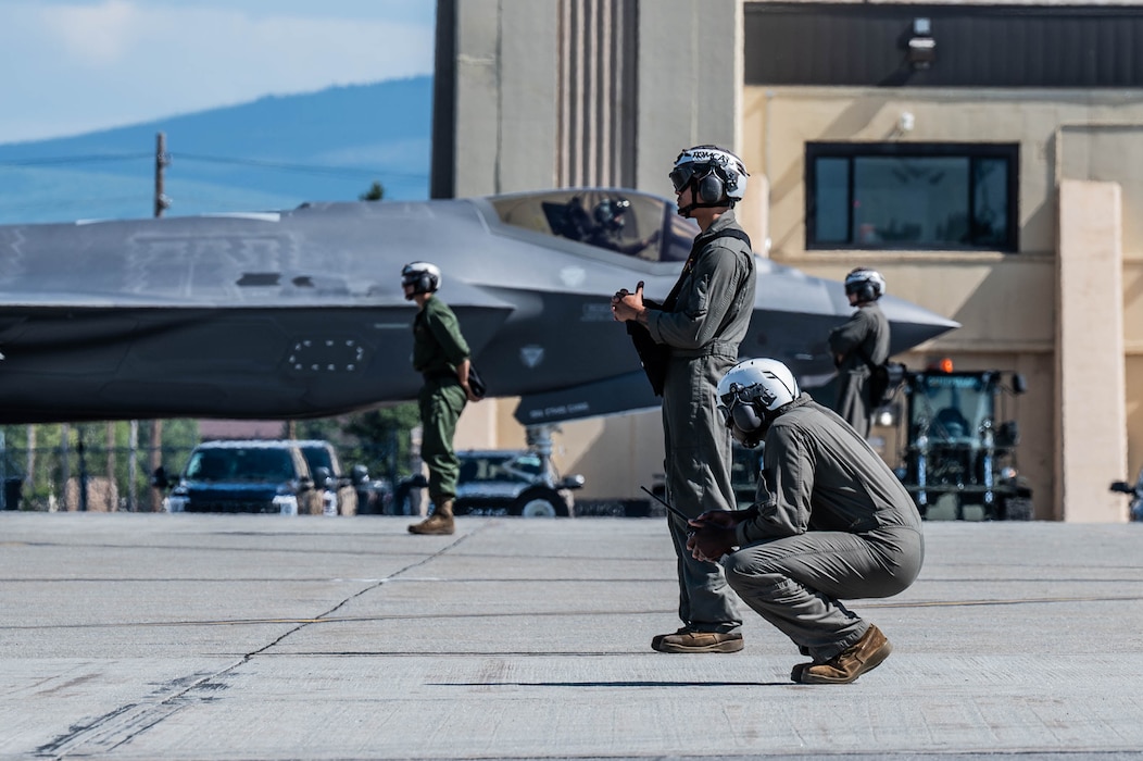 U.S. Marines assigned to the Marine Fighter Attack Squadron (VMFA) 121 prepare to taxi a F-35B Lightning II during Red Flag-Alaska 25-3 at Eielson Air Force Base, Alaska, July 19, 2025.