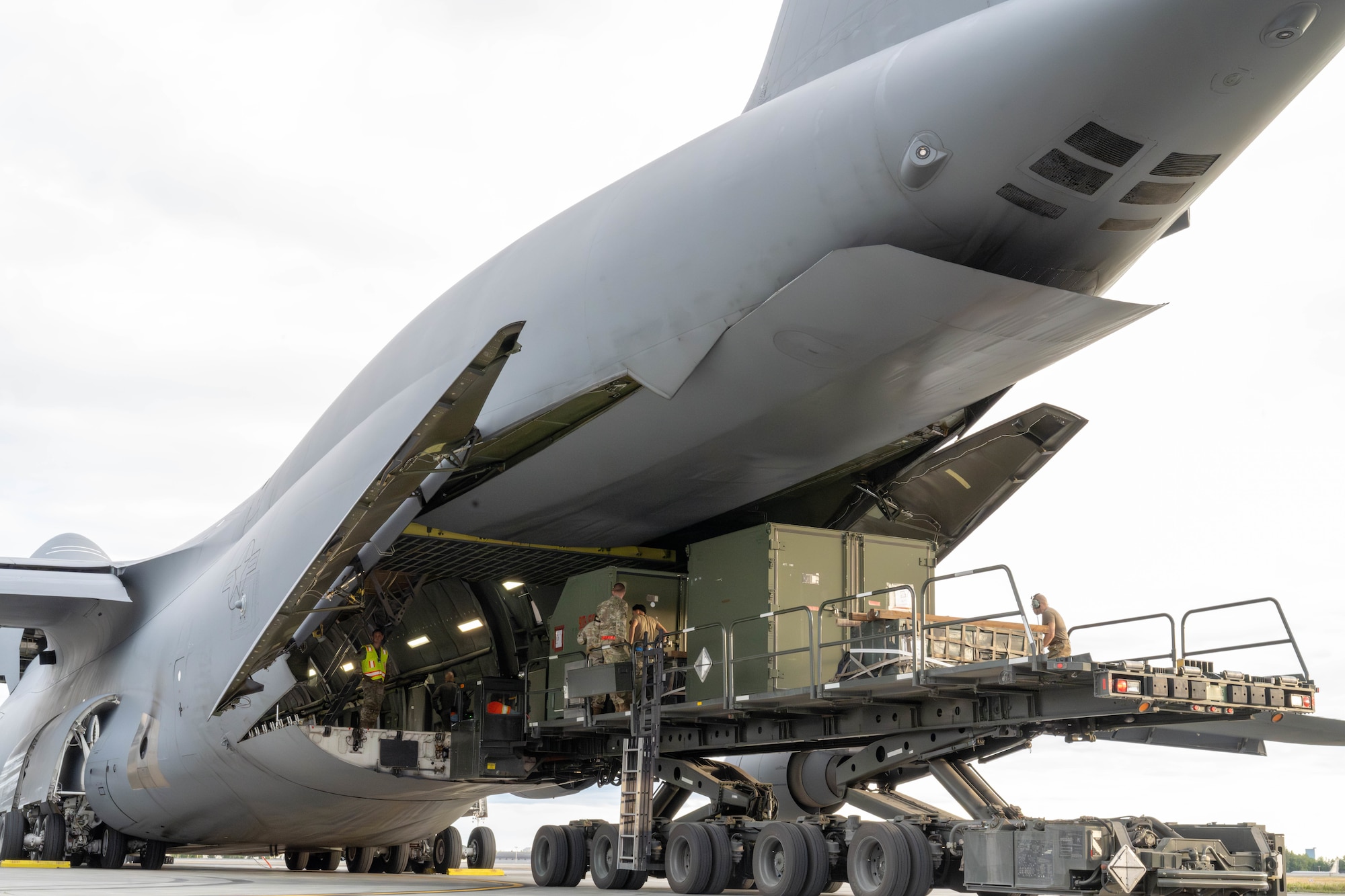 A U.S. Air Force C-5M Super Galaxy assigned to the 337th Airlift Squadron, Westover Air Force Reserve Base, Massachusetts, receives cargo in support of the Air Force’s 2025 Department-Level Exercise series to include Resolute Force Pacific 2025 at Joint Base Elmendorf-Richardson, Alaska, July 13, 2025.
