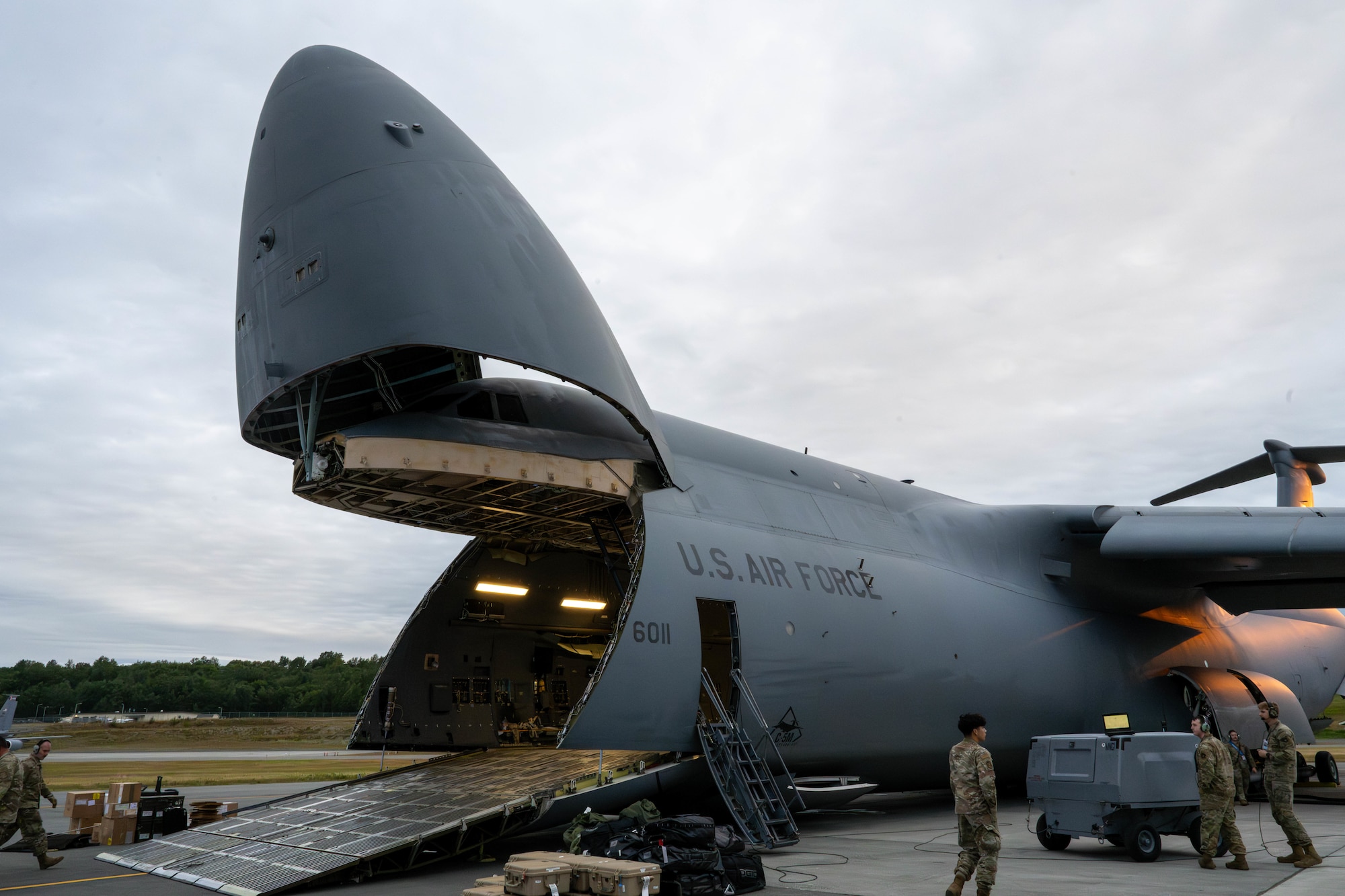 A U.S. Air Force C-5M Super Galaxy assigned to Travis Air Force Base, California, prepares to be loaded with equipment for exercise Resolute Force Pacific on Joint Base Elmendorf-Richardson, Alaska, July 13, 2025.